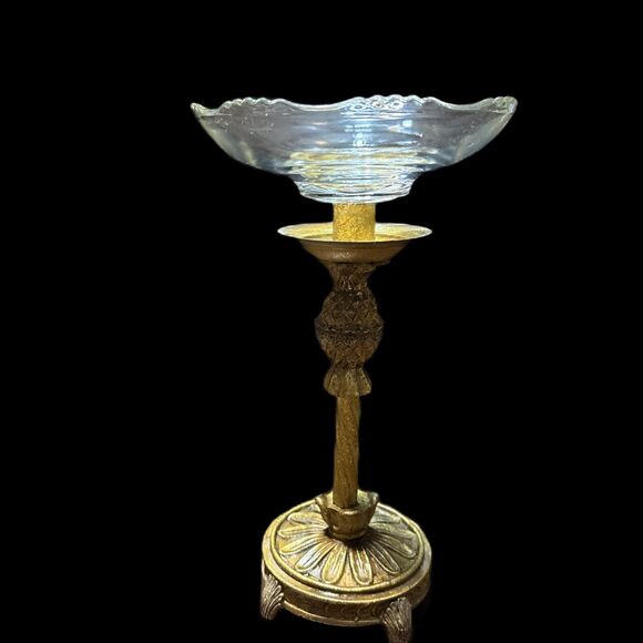 Pair Of Vintage MCM Gold Tone Resin Glass Pineapple Candle Holders/ Compote - Picture 2 of 10